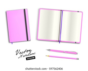 Blank pink open and closed copybook template with elastic band and bookmark. Realistic stationery blank pink pen and pencil. Notebook Vector illustration isolated on white background.