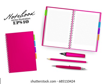 Blank pink open and closed copybook template with Pen, pencil and permanent marker.Set of vector illustration stationery isolated on white background.