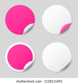 Blank pink round stickers with curled corners, realistic mockup