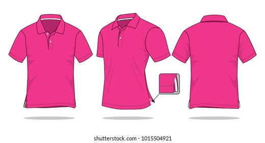 Blank Pink Short Sleeve Polo Shirt With Side Vent Hem Template on White Background. Front, Perspective, and Back View, Vector File