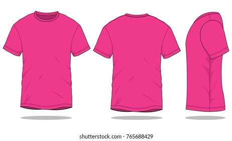 Blank Pink Short Sleeve T-Shirt Template on White Background.
Front, Back and Side View, Vector File