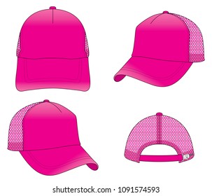 Blank pink trucker cap with mesh at side and back, adjustable slider plastic buckle zip template on white background. vector file
