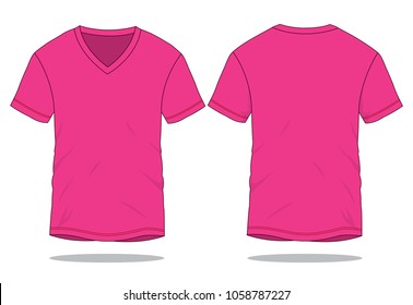 Blank Pink V-Neck T-Shirt Vector For Template.Front And Back Views.