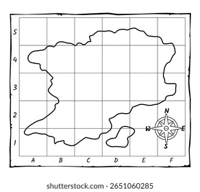 Blank pirate treasure map template with grid and compass rose for adventure design. Clipart image.