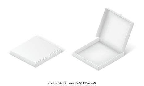 Blank pizza boxes of carton realistic vector illustration set. Takeaway fast food cardboard packages 3d objects on white background