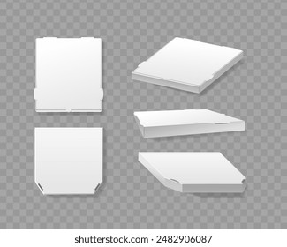 Blank Pizza Boxes Shown From Different Angles. Realistic 3d Vector Fast Food Packaging Mockups For Delivery Designs