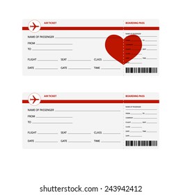 Blank plane tickets for romantic trip isolated on white background. Vector illustration