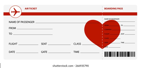 Blank plane tickets for romantic trip isolated on white background. Vector illustration 