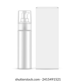 Blank Plastic Airless Pump Bottle With Transparent Cap, Paper Packing Box. Vector Illustration