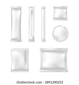 Blank plastic bag mockup. A set different packages for food. Simple realistic food bag mockups. White blank foil packages for food, template for your design and branding. 