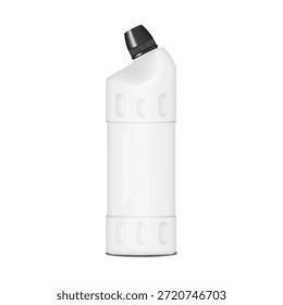 Botella de plástico en blanco con tapón de rosca negro aislado sobre fondo blanco. Maqueta realista de Vector en 3D. Contenedor de producto líquido o gel. Maqueta. Envases químicos para el hogar. Plantilla para el diseño