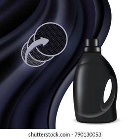 Blank plastic bottle for laundry detergent with black cloth. Vector realistic illustration.