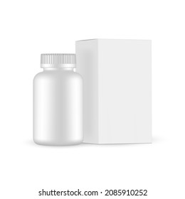 Blank Plastic Bottle for Medicines or Supplements with Paper Box, Isolated on White Background. Vector illustration