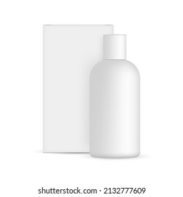 Blank Plastic Bottle Mockup with Paper Box Front View, Isolated on White Background. Vector Illustration