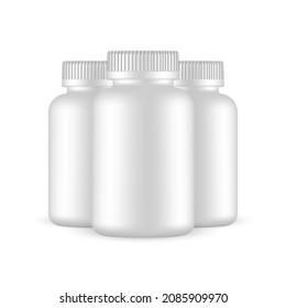 Botellas de plástico en blanco para pastillas, suplementos o vitaminas, aisladas en fondo blanco. Ilustración vectorial