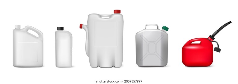 Blank plastic canister, container for liquid products mockup set, vector isolated illustration. Engine oil, chemicals, cleaners, detergents plastic packaging bottle templates.