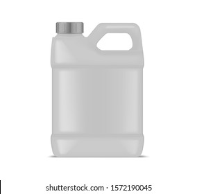 Blank plastic canister with handle isolated on white background, realistic illustration. Jerrycan for liquid product packaging, vector mockup.