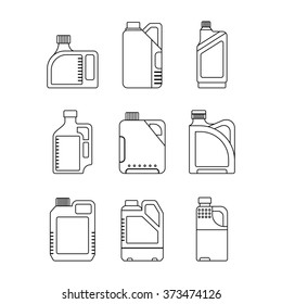 Blank Plastic Canisters, flat icons. Plastic Packaging for Machine Oil, Water and other Liquids