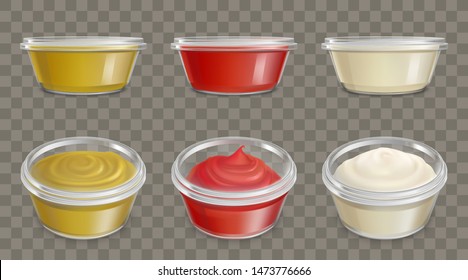 Blank plastic containers with lids for sauces side, top view 3d realistic vector illustration set. Mustard, ketchup, sour cream or mayonnaise packaging mockups isolated on transparent background