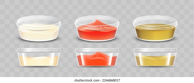 Blank plastic containers with lids for sauces. Mustard, ketchup, sour cream or mayonnaise packaging mockups isolated on transparent background. Realistic vector illustration