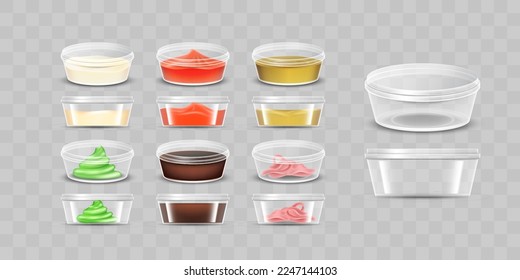 Leere Kunststoffbehälter mit Deckel für Saucen. Senf, Ketschup, Mayonnaise, Sojasauce, rosafarbene Ingwer und Wespabi für Sushi-Verpackungen einzeln. Realistische Vektorgrafik