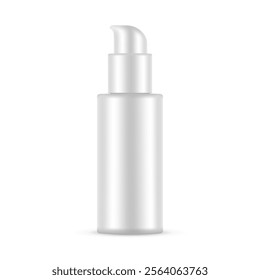 Blank Plastic Cosmetic Bottle Mockup with Pump, Isolated On White Background, Front View. Vector Illustration