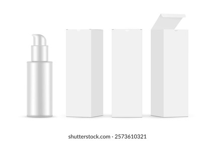 Blank Plastic Cosmetic Bottle Mockup with Pump, Three Packaging Boxes. Vector Illustration