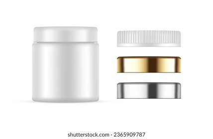 Blank Plastic Cosmetic Cream Jar Mockup With Different Caps, Isolated on White Background. Vector Illustration