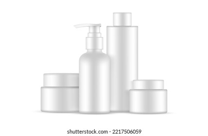 Blank Plastic Cosmetic Packaging Set: Jars, Pump and Shampoo Bottles, Isolated on White Background. Vector Illustration