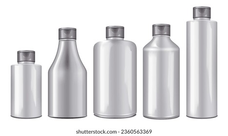 Blank plastic cosmetic product bottle with flip top screw cap. Vector mock-up set. Shower gel, shampoo, hair conditioner, body lotion realistic mockup. Various volumes and sizes