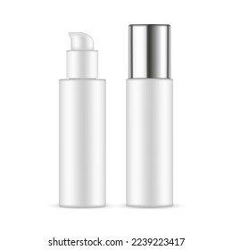 Blank Plastic Cosmetic Pump Bottle With Metal Cap, Opened and Closed Mockup, Isolated on White Background. Vector Illustration