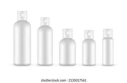 Blank Plastic Cosmetic Shampoo or Lotion Bottles with Flip Top Cap. Vector Illustration