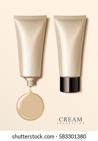 blank plastic cosmetic tubes with cream elements, 3d illustration