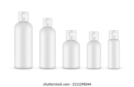 Blank Plastic Cosmetics Bottles with Flip Top Cap, Isolated on White Background. Vector Illustration