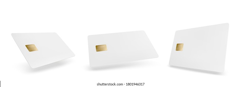 Plantilla de tarjeta de crédito de plástico en blanco. Burla vectorial realista de la banca blanca vacía, la compra o la tarjeta de descuento con chip en perspectiva aislado en fondo blanco