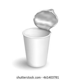 Blank plastic and foil cup for instant noodles. Mashed potato or soup packaging template. Vector illustration.