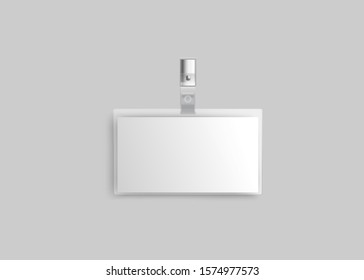 Blank Plastic ID Badge Mockup On Metal Clip, White Identity Card For Business Event Identification Or Security Check Tag. Isolated Template Vector Illustration On Grey Background