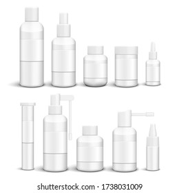 Blank Plastic Packaging Bottles With Cap For Cosmetics, Vitamins, Pills Or Capsules Set. EPS10 Vector