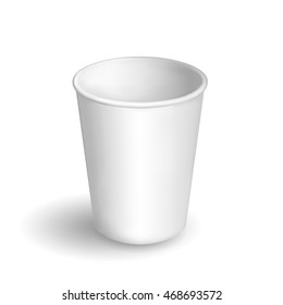 Blank plastic or paper cup with soft shadow. Disposable packaging template isolated on white background. Vector illustration.