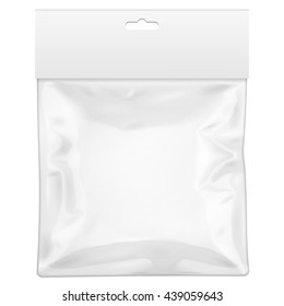 Blank Plastic Pocket Bag. Transparent. With Hang Slot. Illustration Isolated On White Background. Mock Up Template Product. Ready For Your Design. Vector EPS10