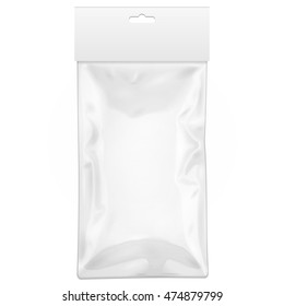 Blank Plastic Pocket Bag. Transparent. With Hang Slot. Illustration Isolated On White Background. Mock Up Template Product. Ready For Your Design. Vector EPS10