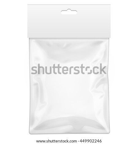 Blank Plastic Pocket Bag. Transparent. With Hang Slot. Illustration Isolated On White Background. Mock Up Template Product. Ready For Your Design. Vector EPS10