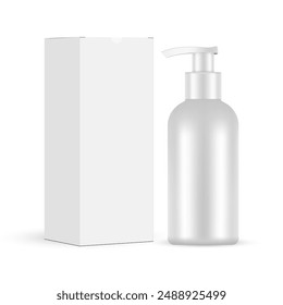 Blank Plastic Pump Bottle With Box. Packaging for Face Wash, Makeup Remover, Isolated On White Background. Vector Illustration