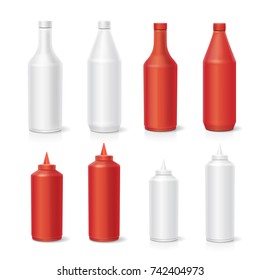 Blank plastic red white tomato ketchup and mayonnaise bottles set isolated