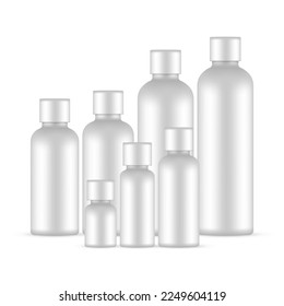 Blank Plastic Round Bottles Set, Various Sizes, Isolated on White Background. Vector Illustration