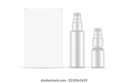 Blank Plastic Serum Or Moisturizer Bottles With Packaging Box, Front View. Vector Illustration