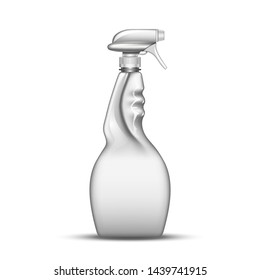 Blank Plastic Spray Bottle Cleaning Liquid Vector. Empty Clear Bottle For Glass Cleanser Window Detergent Bleach Chemical Substance. Container For Scour Fluid Realistic 3d Illustration