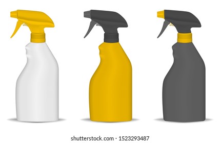 Blank plastic spray bottle set, vector mockup. Spraying container for water or cleaning products, mock-up. Trigger sprayer packaging, template. Easy to recolor.