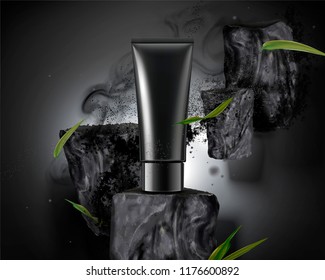 Blank plastic tube with bamboo charcoal elements with ashes in 3d illustration