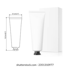 Blank plastic tube with black octagonal cap mockup with box. Vector illustration isolated on white background. Can be use for your design, advertising, promo and etc. EPS10.